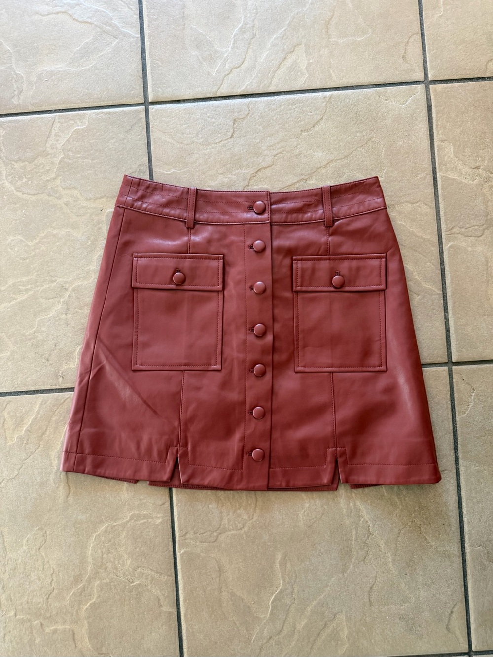 Sam Edelman Brick Red Faux Leather Button-Front Mini Skirt